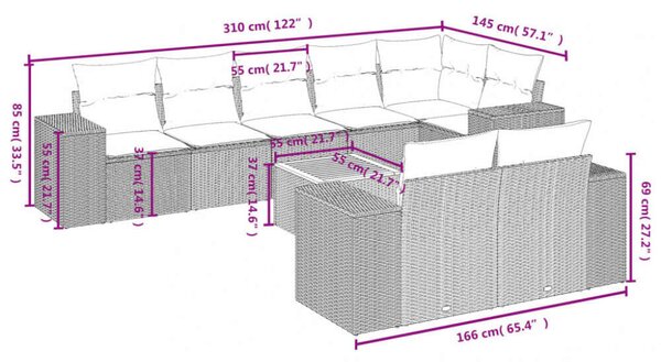 VidaXL 9 részes fekete polyrattan kerti ülőgarnitúra párnákkal