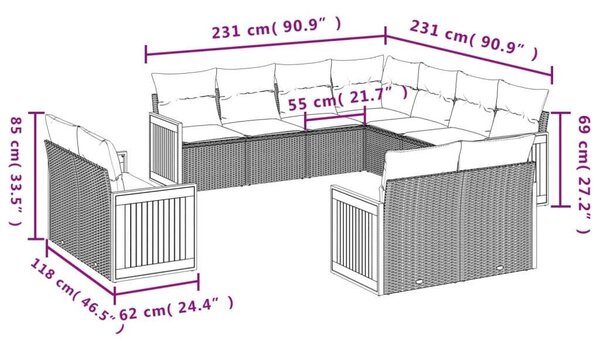 VidaXL Polyrattan Kerti Ülőgarnitúra - 11 részes - Fekete