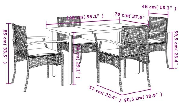 VidaXL 5 részes fekete polyrattan kerti étkezőgarnitúra párnákkal