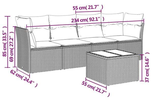 VidaXL 5 részes fekete polyrattan kerti kanapészett párnákkal