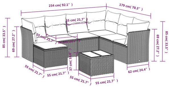 Polyrattan Kerti Ülőgarnitúra - 8 részes - Fekete
