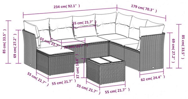 Polyrattan Kerti Ülőgarnitúra - 8 részes - Fekete
