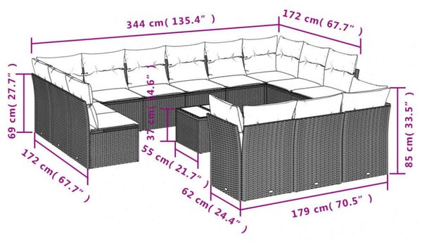 VidaXL Polyrattan Kerti Ülőgarnitúra - 14 részes - Fekete