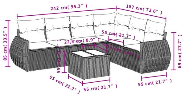 VidaXL Polyrattan Kerti Ülőgarnitúra - 7 részes - Fekete