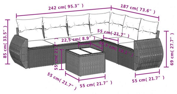 VidaXL Polyrattan Kerti Ülőgarnitúra - 7 részes - Fekete