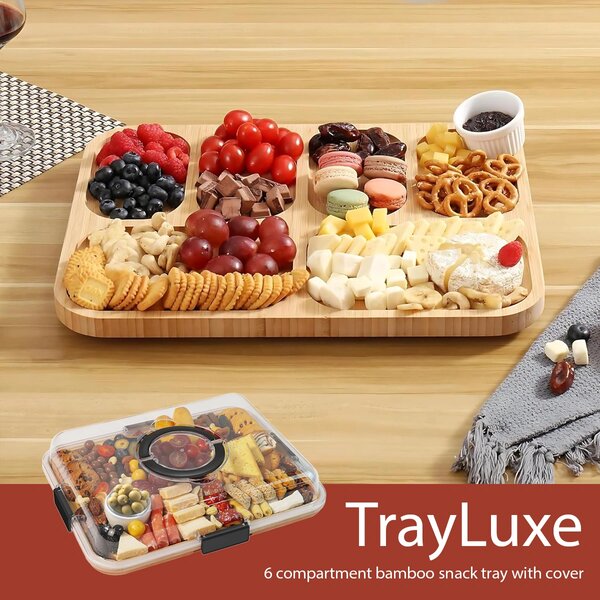 Trayluxe™ 6 Rekeszes Bambusz Snack Tálca Fedővel