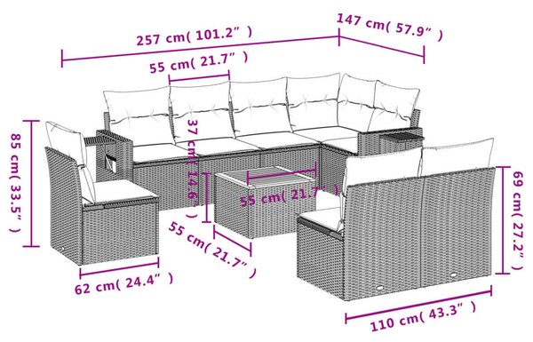 VidaXL Polyrattan Kerti Ülőgarnitúra - 9 részes - Fekete