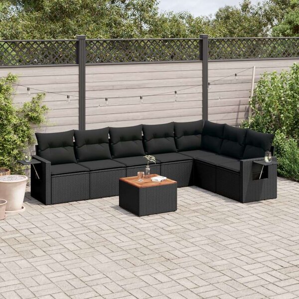 VidaXL 8 részes fekete polyrattan kerti ülőgarnitúra párnákkal