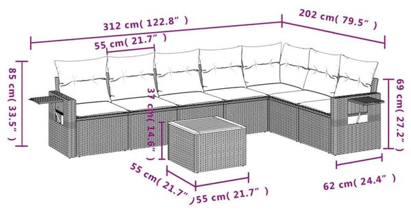 VidaXL 8 részes fekete polyrattan kerti ülőgarnitúra párnákkal