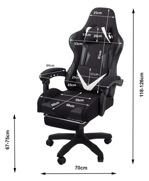 Görgős gamer szék két párnával és dőlés állítással - fekete