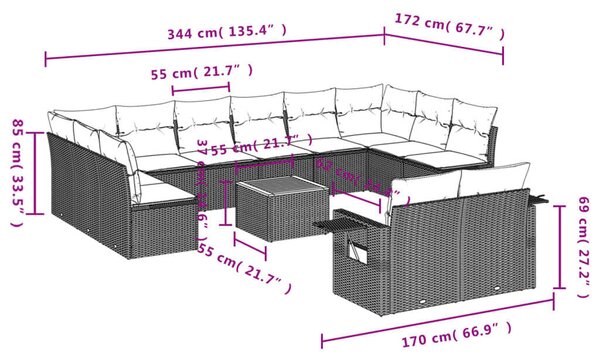 VidaXL 13 részes szürke polyrattan kerti ülőgarnitúra párnákkal