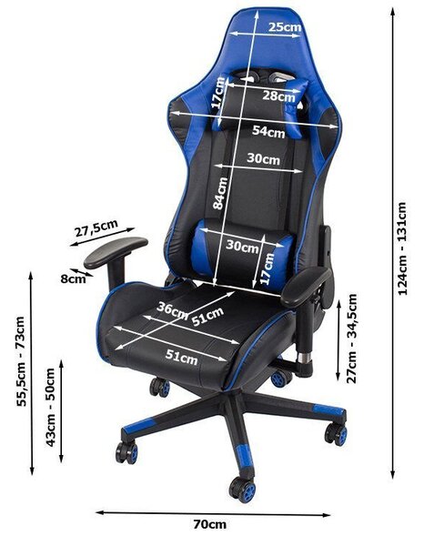 Görgős gamer szék két párnával, dőlés állítással és 2D karfával - kék