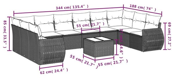 VidaXL 10 részes szürke polyrattan kerti ülőgarnitúra párnákkal