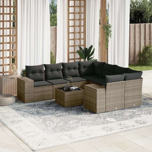 VidaXL 9 részes szürke polyrattan kerti ülőgarnitúra párnákkal