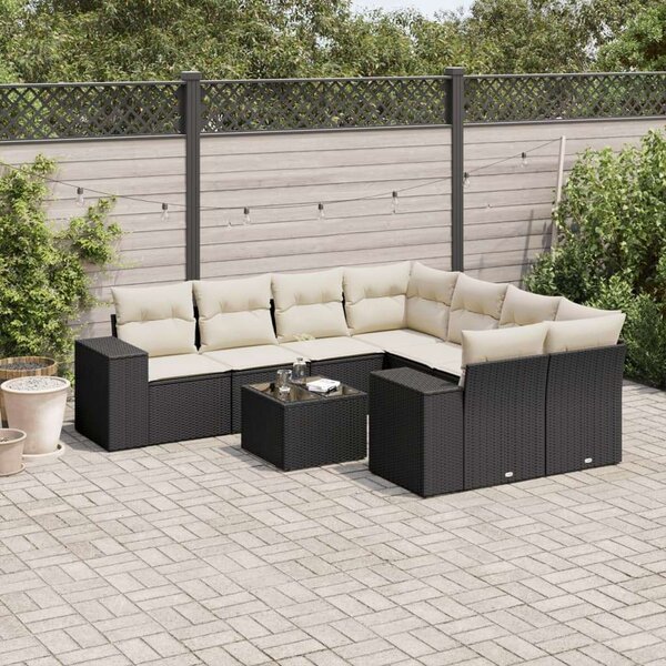 VidaXL 9 részes fekete polyrattan kerti ülőgarnitúra párnákkal