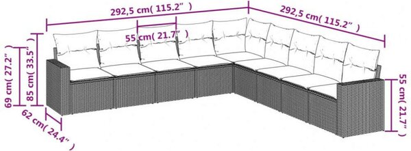 VidaXL Polyrattan Kerti Ülőgarnitúra - 9 részes - Szürke