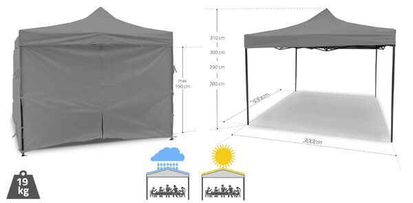 MalTec Sunwaal Pavilon - 3x3m, Szürke, 4 Fal, Vízálló