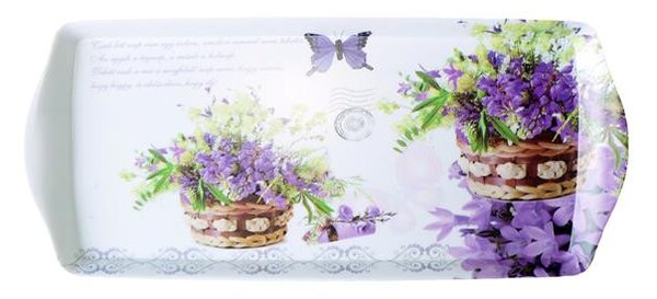 Tálca, műanyag, szögletes, levendula mintás, 33x15cm (KHKE140)