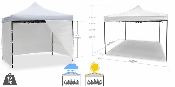 MalTec Sunwaal Pavilon - 3x3m, Fehér, 4 Oldalfal, Vízálló
