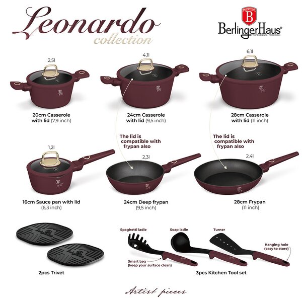 Berlinger Haus BH-8051N Leonardo Collection 15 részes Edénykészlet - Bordó