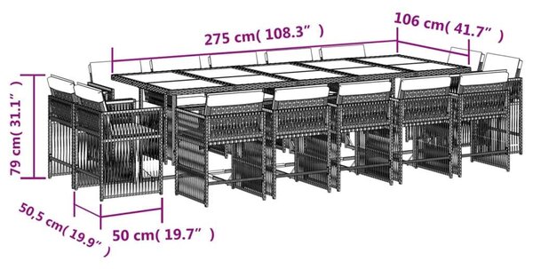 VidaXL Polyrattan Kerti Étkezőgarnitúra - 15 részes - Fekete