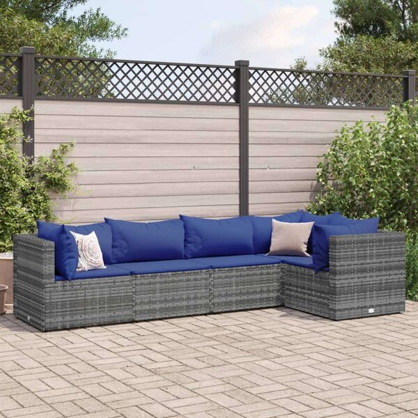 5 Részes Polyrattan Kerti Ülőgarnitúra - Szürke, Kék Párnákkal