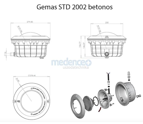 Gemas STD2002 LED Medence Reflektor - 20W Hideg Fehér, Betonmedencéhez