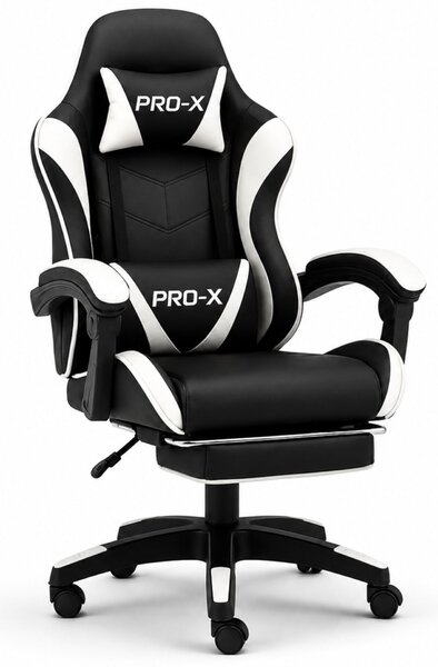 GOBORELAX Gamer szék masszázs funkció, lábtartó - fekete-fehér