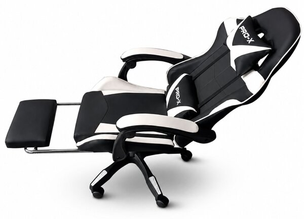 GOBORELAX Gamer szék masszázs funkció, lábtartó - fekete-fehér