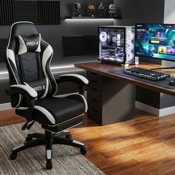 GOBORELAX Gamer szék masszázs funkció, lábtartó - fekete-fehér
