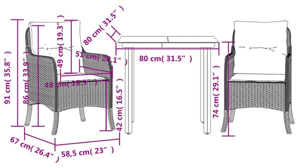 VidaXL 3részes világosszürke polyrattan kerti étkezőgarnitúra párnával