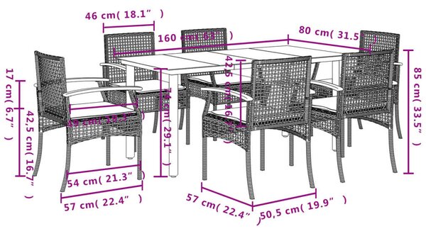 VidaXL 7 részes fekete polyrattan kerti étkezőgarnitúra párnával