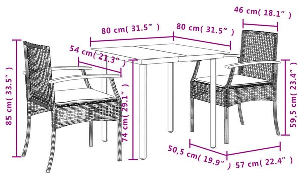 VidaXL 3 részes szürke polyrattan kerti étkezőgarnitúra párnával