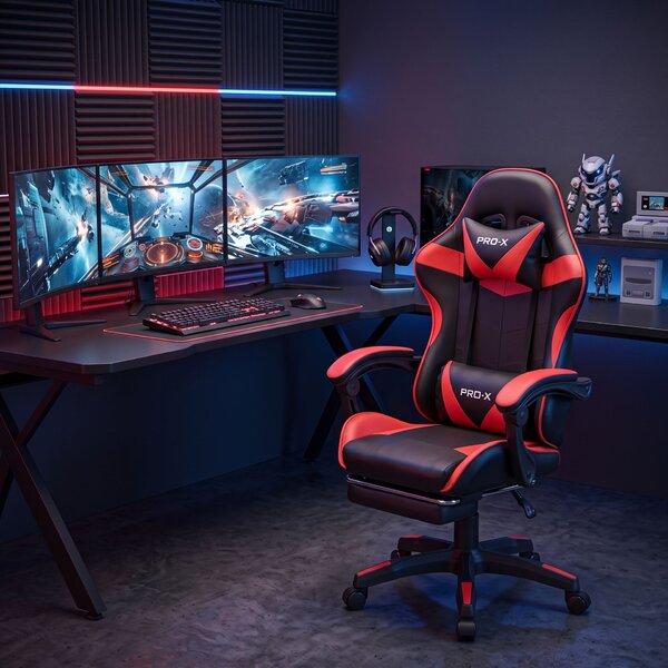 GOBORELAX Gamer szék masszázs funkció, lábtartó - fekete-piros