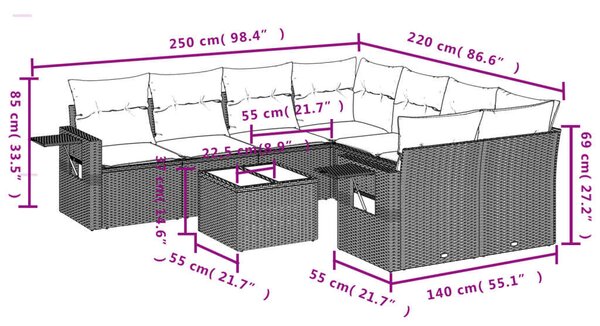VidaXL Polyrattan Kerti Ülőgarnitúra - 9 részes - Szürke