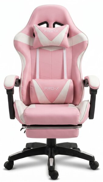 GOBORELAX Gamer szék lábtartóval, masszázsfunkció - fehér-rózsaszín