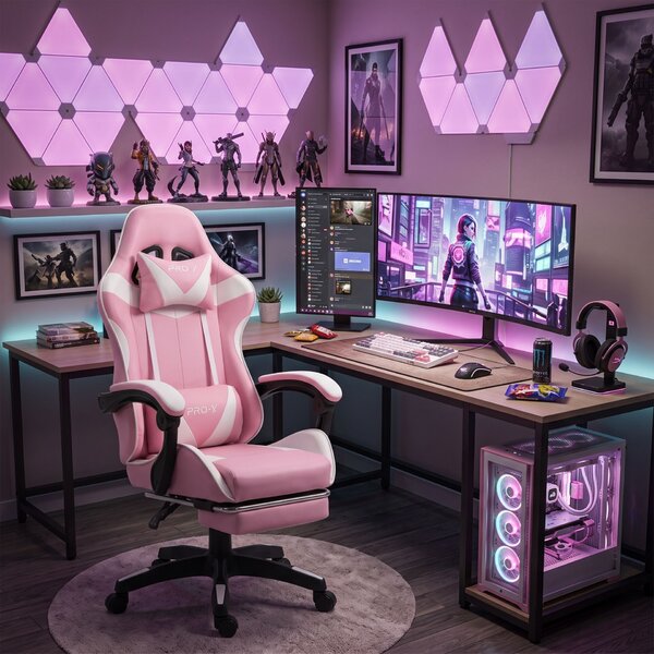 GOBORELAX Gamer szék lábtartóval, masszázsfunkció - fehér-rózsaszín