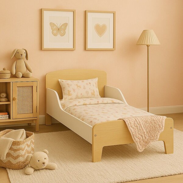 GINGER HOME Fa Gyerekágy Leesésgátlóval és Ágyráccsal – Montessori Gyerekágy 140x70 cm Gyerekeknek