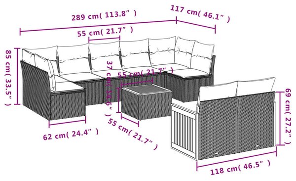 VidaXL Polyrattan Kerti Ülőgarnitúra - 10 részes - Fekete