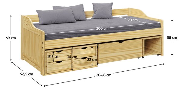 KONDELA Ágy tárolóhellyel, természetes, tömörfa, 90x200, MAXI NEW
