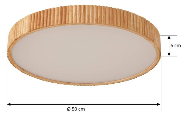 Lindby LED mennyezeti világítás Velua, fehér/világos fa, CCT, Ø 50 cm, dimmelhető, Világos fa, Nappali / Étkező, Fa, Modern
