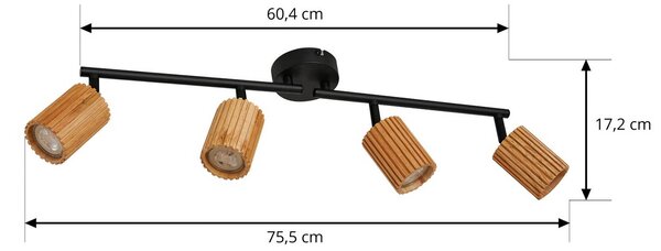 Lindby Stralino mennyezeti spotlámpa, 4 izzós, hossza 60 cm, fa, dimmelhető, Világos fa, Folyosó, Fa, Modern