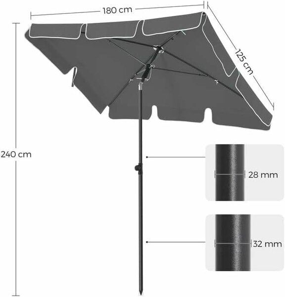 Kerti vagy strandernyő, 2 irányba dönthető, UV-védelem UPF 50+, 180x125 cm, szürke