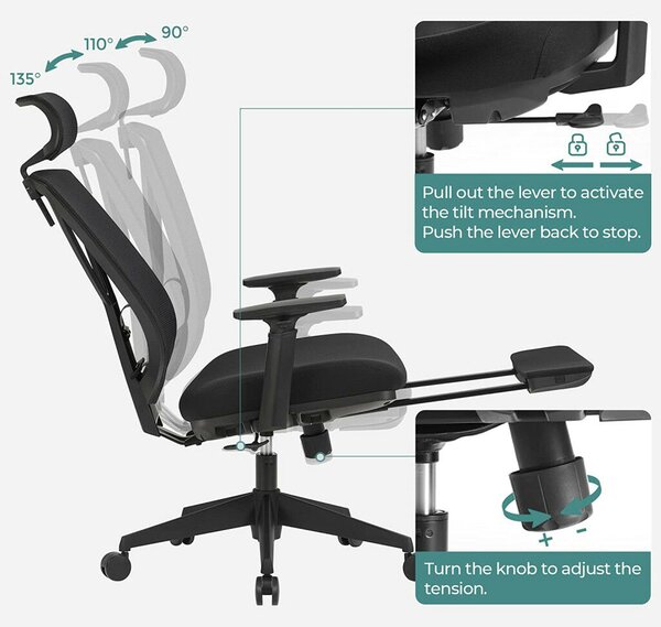 SONGMICS Ergonomikus Irodai Szék Lábtartóval - Fekete, Állítható