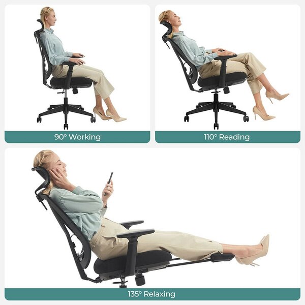 SONGMICS Ergonomikus Irodai Szék Lábtartóval - Fekete, Állítható