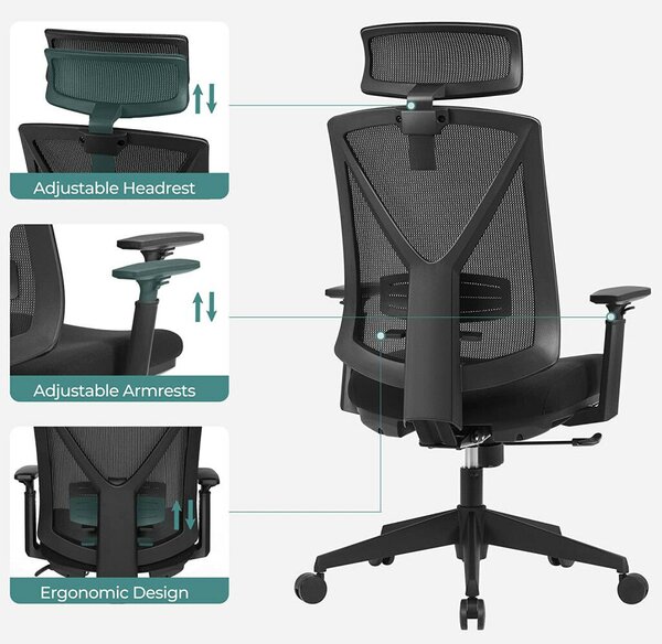 SONGMICS Ergonomikus Irodai Szék Lábtartóval - Fekete, Állítható