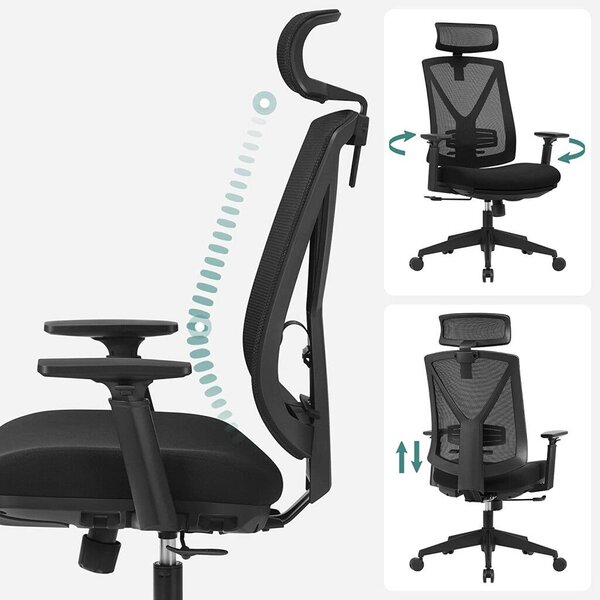 SONGMICS Ergonomikus Irodai Szék Lábtartóval - Fekete, Állítható