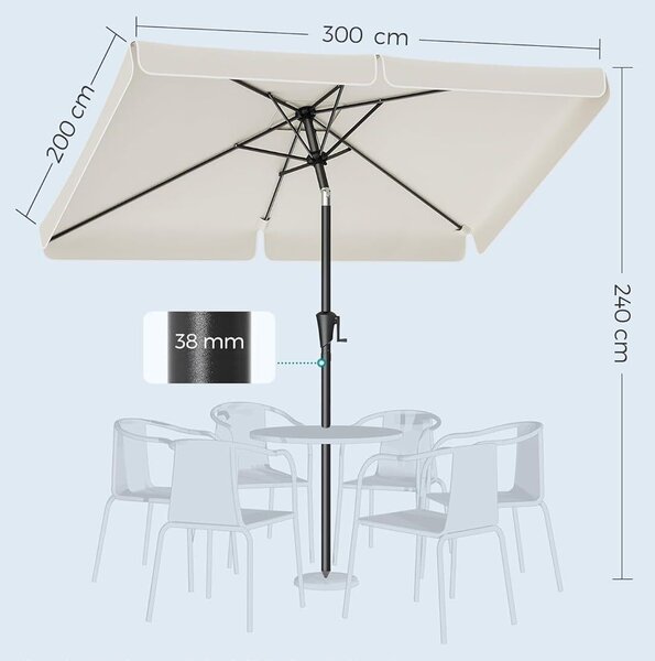 Kerti napernyő kézi hajtással, UPF 50+, 30°-os dőlés, fém váz, 300x200 cm, bézs