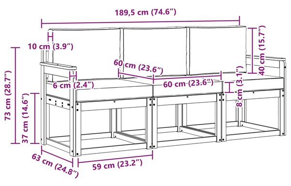 VidaXL Kültéri kanapé szett párnával 3 pcs Természetes és bézs