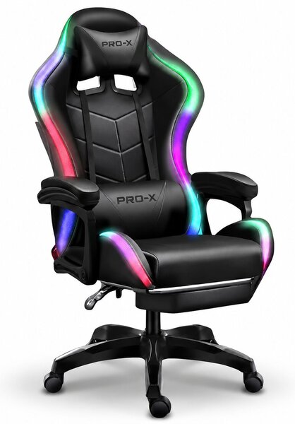 GOBOLED Gamer szék lábtartóval és LED világítással - fekete